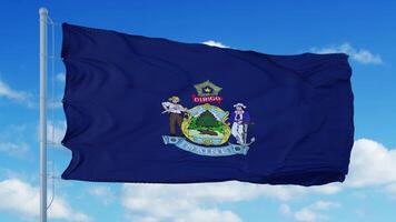 Maine flag on a flagpole waving in the wind, blue sky background. 3d rendering photo