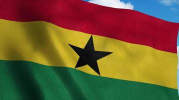 Ghana flag waving in the wind, blue sky background. 3d rendering photo