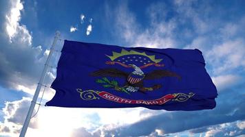 North Dakota flag on a flagpole waving in the wind, blue sky background. 3d rendering photo