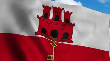 Gibraltar flag waving in the wind, blue sky background. 3d rendering photo