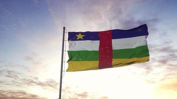 bandera de la república centroafricana ondeando en el viento, fondo dramático del cielo. ilustración 3d foto