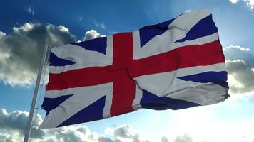 bandera del reino unido que sopla en el viento en cámara lenta contra un cielo azul claro. representación 3d foto