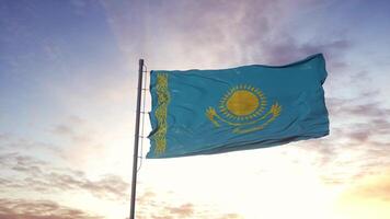 Kazakhstan flag waving in the wind, dramatic sky background. 3d illustration photo