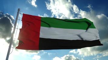 bandera de los emiratos árabes unidos ondeando al viento en lento con cielo azul. representación 3d foto