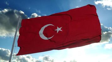 Turkey Flag blowing in the wind with a blue sky background. 3d rendering photo