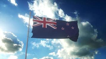 Flag of New Zealand waving at wind against beautiful blue sky. 3d rendering photo