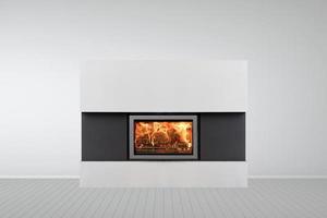 Interior of empty classic white room with modern fireplace photo