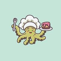lindo personaje de dibujos animados de pulpo con sombrero de chef y pastel de cocina vector
