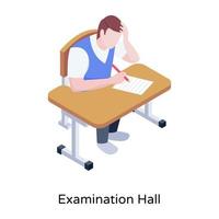 estudiante en una sala de examen, icono isométrico vector