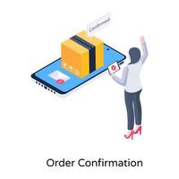 An isometric illustration of order confirmation, parcel over smartphone vector