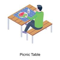 Person eating outside, isometric icon of picnic table vector