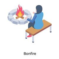 Girl sitting in front of bonfire, isometric icon vector