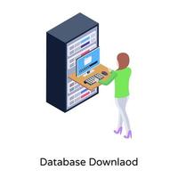 Person checking database, isomeric icon of database monitoring vector