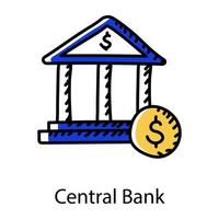 Dollar with building denting doodle icon of central bank vector