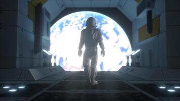 Astronaut in outer space. Futuristic astronaut concept. Alone astronaut in futuristic space ship. 3d rendering photo