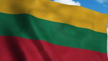 Lithuania flag waving in the wind, blue sky background. 3d rendering photo