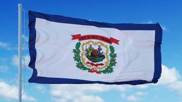 West Virginia flag on a flagpole waving in the wind, blue sky background. 3d rendering photo