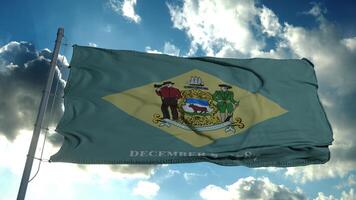 Delaware flag on a flagpole waving in the wind in the sky. 3d rendering photo