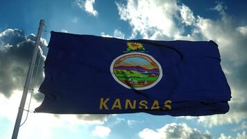 bandera de kansas en un asta de bandera ondeando en el viento, fondo de cielo azul. representación 3d foto