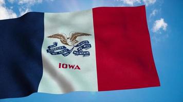 Iowa flag on a flagpole waving in the wind, blue sky background. 3d rendering photo
