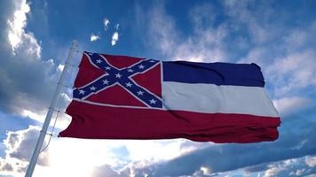 bandera de Mississippi en un asta de bandera ondeando en el viento, fondo de cielo azul. representación 3d foto