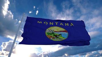 Montana flag on a flagpole waving in the wind, blue sky background. 3d rendering photo