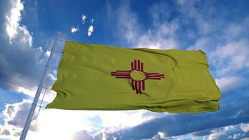 New Mexico flag on a flagpole waving in the wind, blue sky background. 3d rendering photo