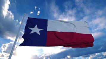 bandera de texas en un asta de bandera ondeando en el viento, fondo de cielo azul. representación 3d