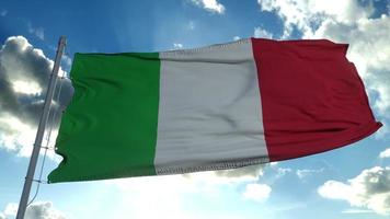 The national flag of Italy blowing in the wind against a blue sky. 3d rendering photo