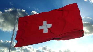 The national flag of Switzerland flutters in the wind against a blue sky. 3d rendering photo