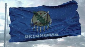 Bandera de invierno de Oklahoma con fondo de copos de nieve. Estados Unidos de América. representación 3d foto