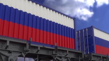 Containers with the flag of Russia. Railway transportation. 3d rendering photo