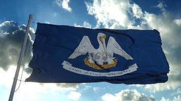 bandera de louisiana en un asta de bandera ondeando en el viento, fondo de cielo azul. representación 3d foto