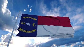 North Carolina flag on a flagpole waving in the wind, blue sky background. 3d rendering photo