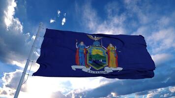 bandera de nueva york en un asta de bandera ondeando en el viento, fondo de cielo azul. representación 3d foto