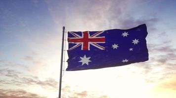 Australia Flag waving in the wind, dramatic sky background. 3d illustration photo