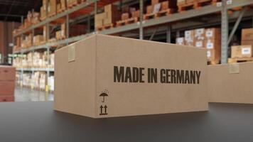 Boxes with MADE IN GERMANY text on conveyor. 3d rendering photo