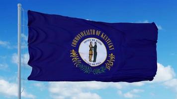 bandera de kentucky en un asta de bandera ondeando en el viento, fondo de cielo azul. representación 3d foto