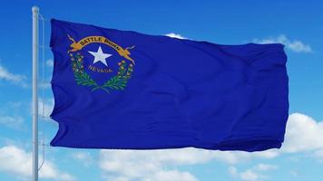 Nevada flag on a flagpole waving in the wind, blue sky background. 3d rendering photo