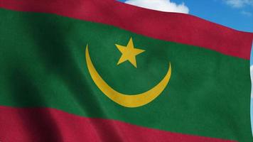 Mauritania flag on a flagpole waving in the wind, blue sky background. 3d rendering photo