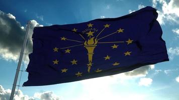 Indiana flag on a flagpole waving in the wind, blue sky background. 3d rendering photo