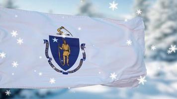 Massachusetts winter snowflakes flag background. United States of America. 3d illustration photo