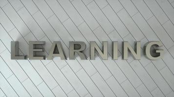 aprendizaje - cartel de metal realista en el suelo de madera blanca. ilustración 3d foto
