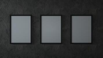 Blank three vertical posters on the black walll. 3d illustration photo