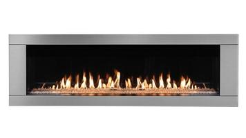 Burning gas modern fireplace isolated on white background