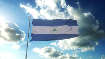 Flag of Nicaragua waving at wind against beautiful blue sky. 3d rendering photo