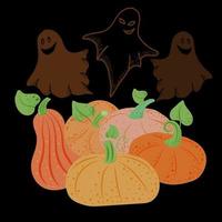 Banner for the holiday on a black background. Pumpkins with ghosts. October. Halloween Perfume. The vector is made in a flat style. Suitable for postcards and posters.