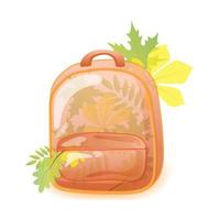 postal al día del conocimiento. mochila escolar con hojas de otoño. vector en estilo de dibujos animados. otoño. mochila. adecuado para ilustraciones, felicitaciones y carteles.