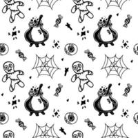 Seamless background with Halloween elements drawn in a doodle style. Poison potions, spider webs, spiders and voodoo dolls. Monogamous Halloween background. vector