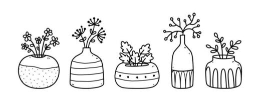 Set of cute flowers and twigs in ceramic vases and pots isolated on white background. Vector hand-drawn illustration in doodle style. Perfect for cards, decorations, logo.